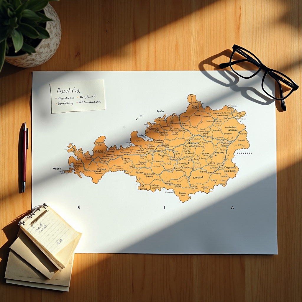 Karte von Österreich liegt aufgeschlagen auf einem Schreibtisch neben Notizen