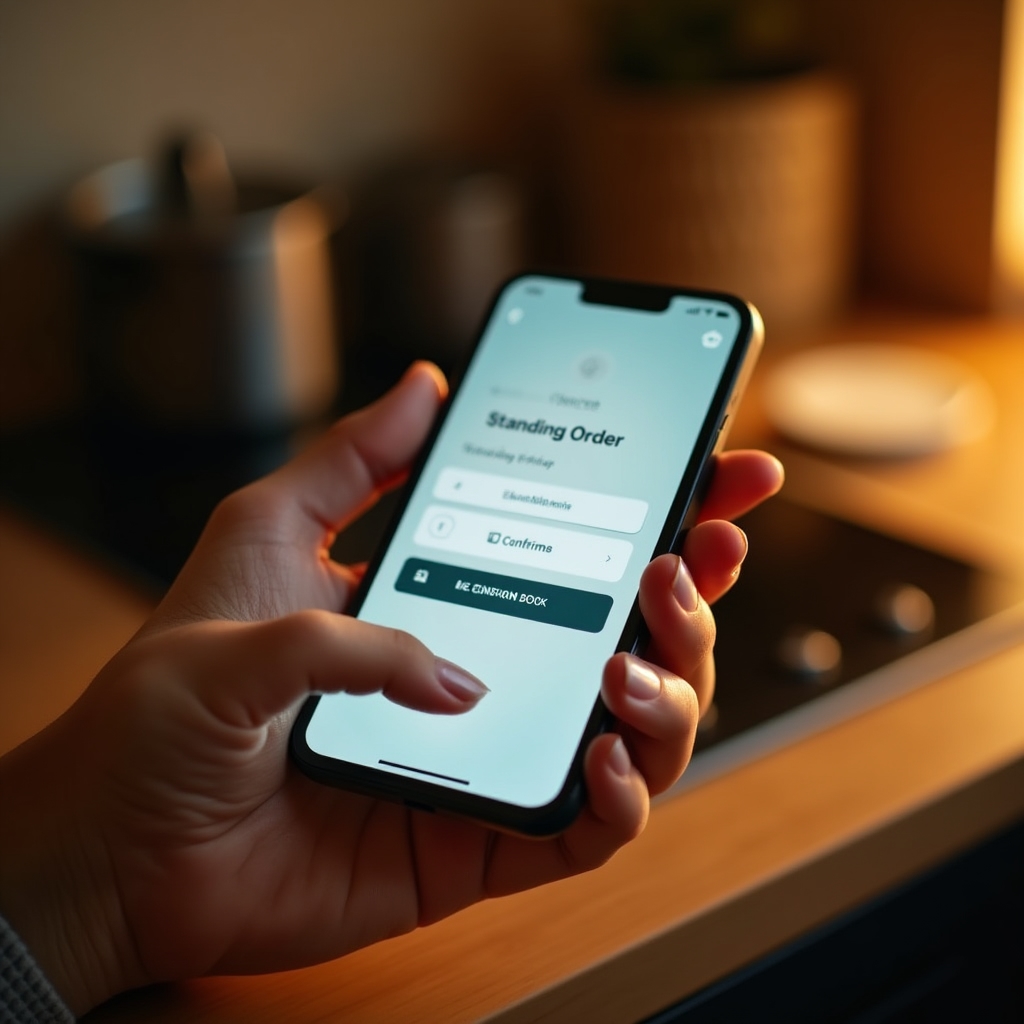 Hand hält ein Smartphone mit Banking-App beim Einrichten eines Dauerauftrags