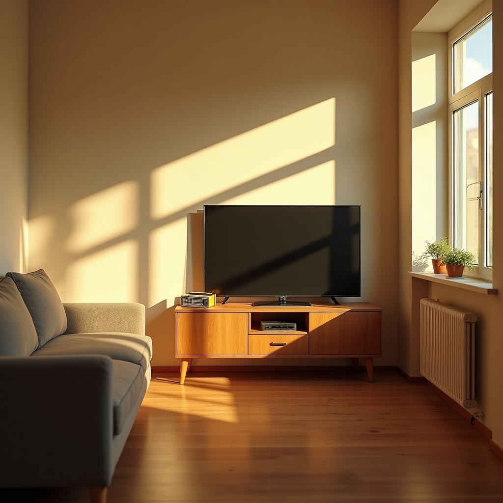 Fernseher und Radio in einem hell eingerichteten Wohnzimmer