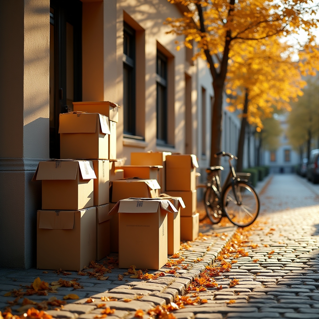 Umzugskartons stapeln sich im Herbst vor einer Wohnungstür