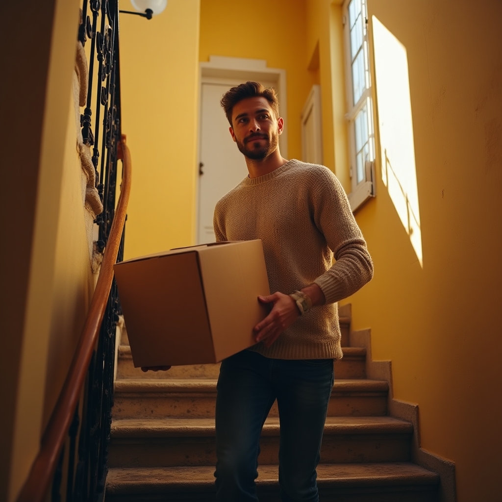 Junger Erwachsener trägt einen Umzugskarton in die erste eigene Wohnung
