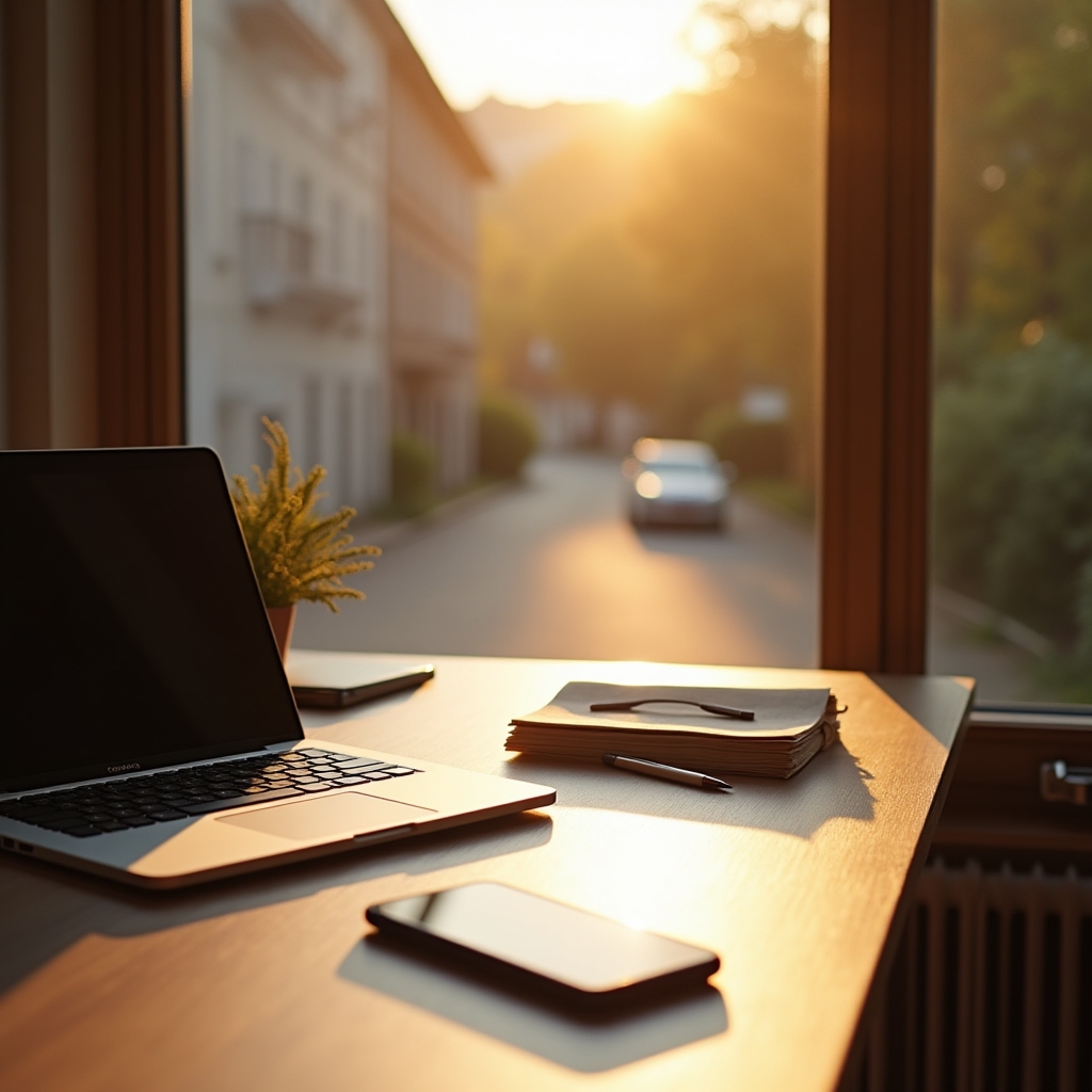Schreibtisch mit Laptop und Notizen in einem hellen Büro in Klagenfurt