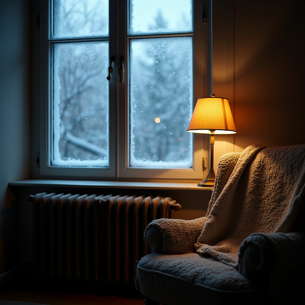 Beschlagenes Fenster mit Heizkörper im Winter in einer Altbauwohnung